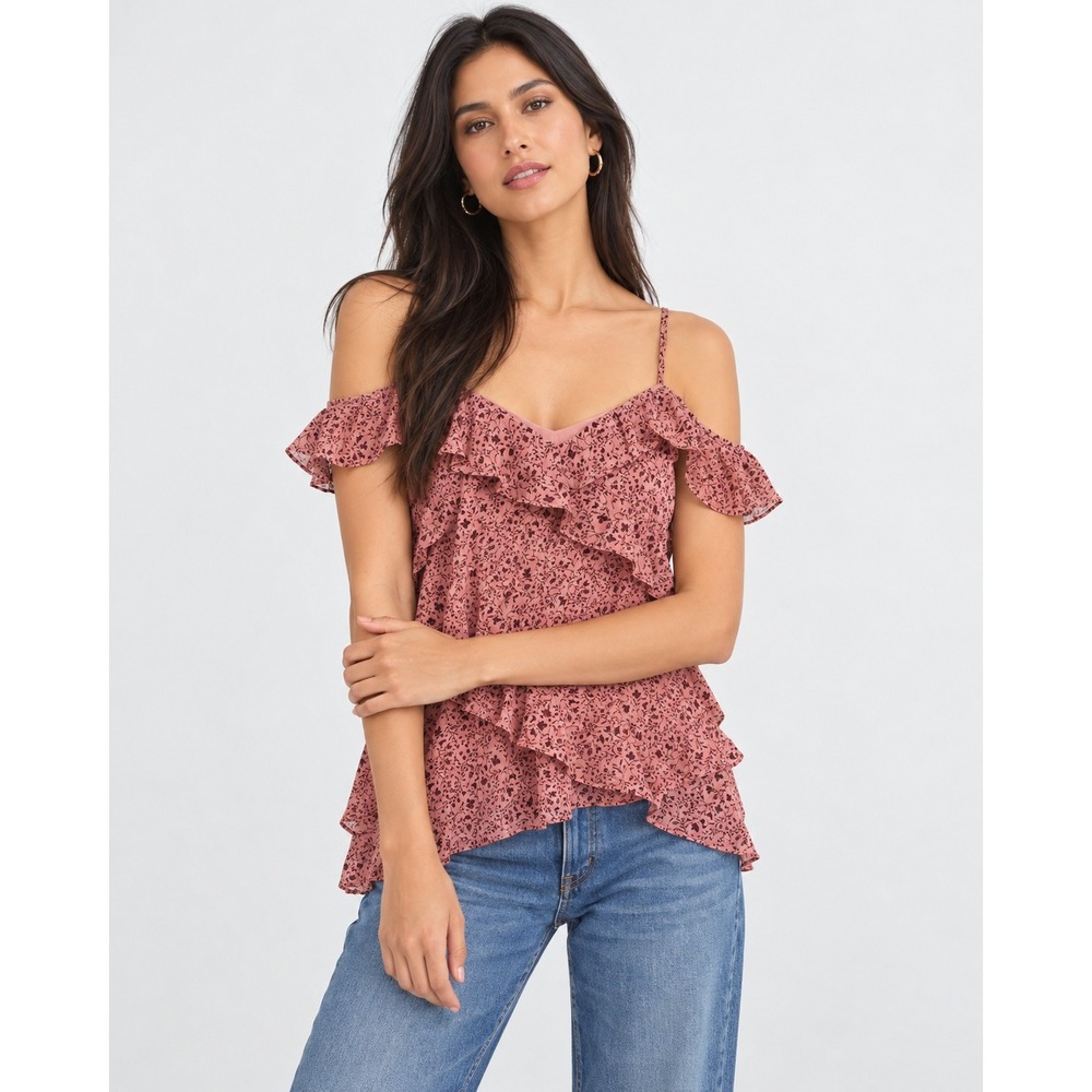 LOFT Large Floral Ruffle Off Shoulder Cami Dusty Rose Pink Blouse NWT